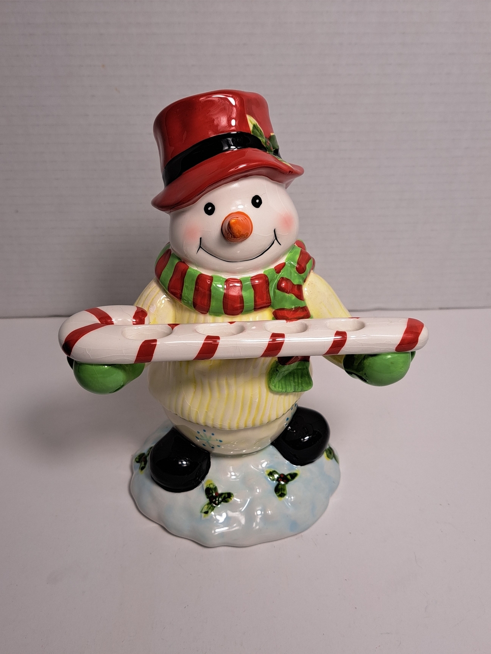Tart Collections Red-Hat Snowman Candy Cane Holder with Green Scarf and Gloves